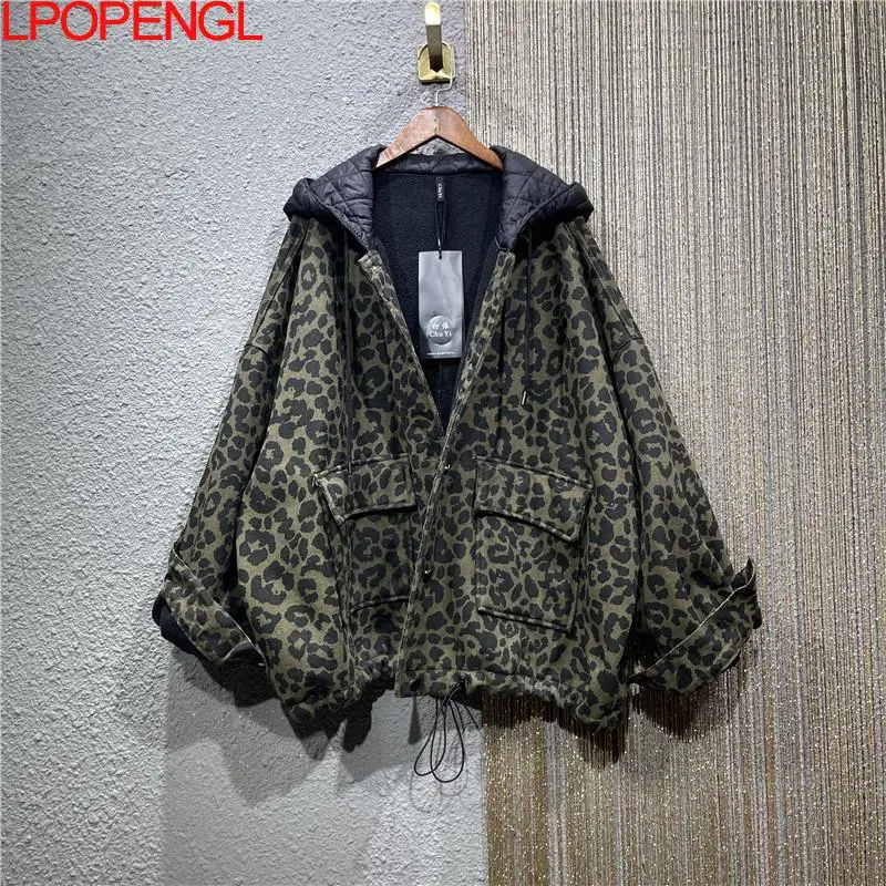 Thick Velvet Warm Jacket Women\'s 2024 Winter New Hooded Denim Leopard Print Loose Oversized Lamb Wool Jacket Women\'s Coats