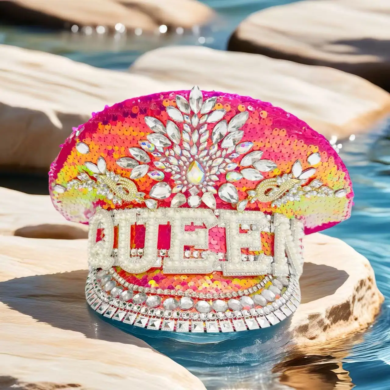 

HongLuan Pink Queen Steampunk Captain Hat Rhinestone for Burning Man Festival Woman - Vintage Military Accessories for Women