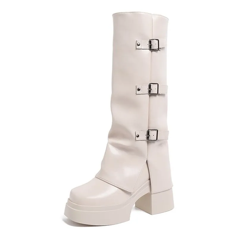 Luxury Woman Boots Knee High Platform Chunky Heels Trend Punk Gothic New Rock Leather Fashion Women's Shoes Motorcycle Footwear