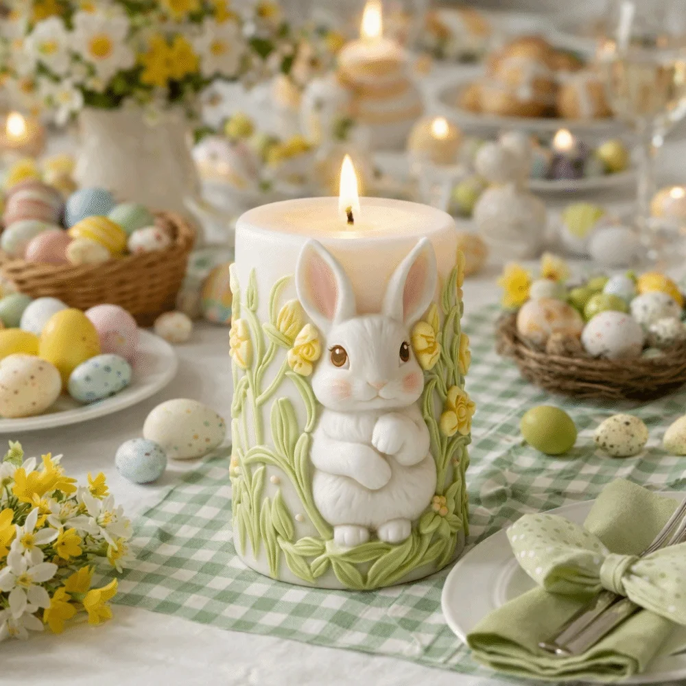Cartoon Rabbit Candle Mold Non-Stick Flower Column Cylinder Silicone Mold Handmade Heat Resistant Easter Candle Mold