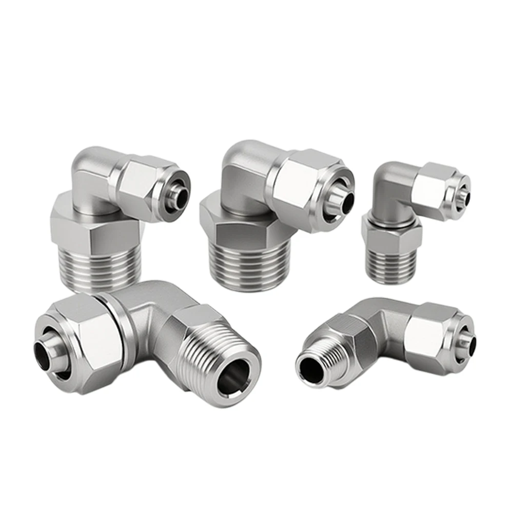 304 Stainless Steel Pneumatic Quick Connector Tightened PTFE Nylon Rotating Right Angle Elbow External Thread 1/8 1/4 3/8 1/2 M5