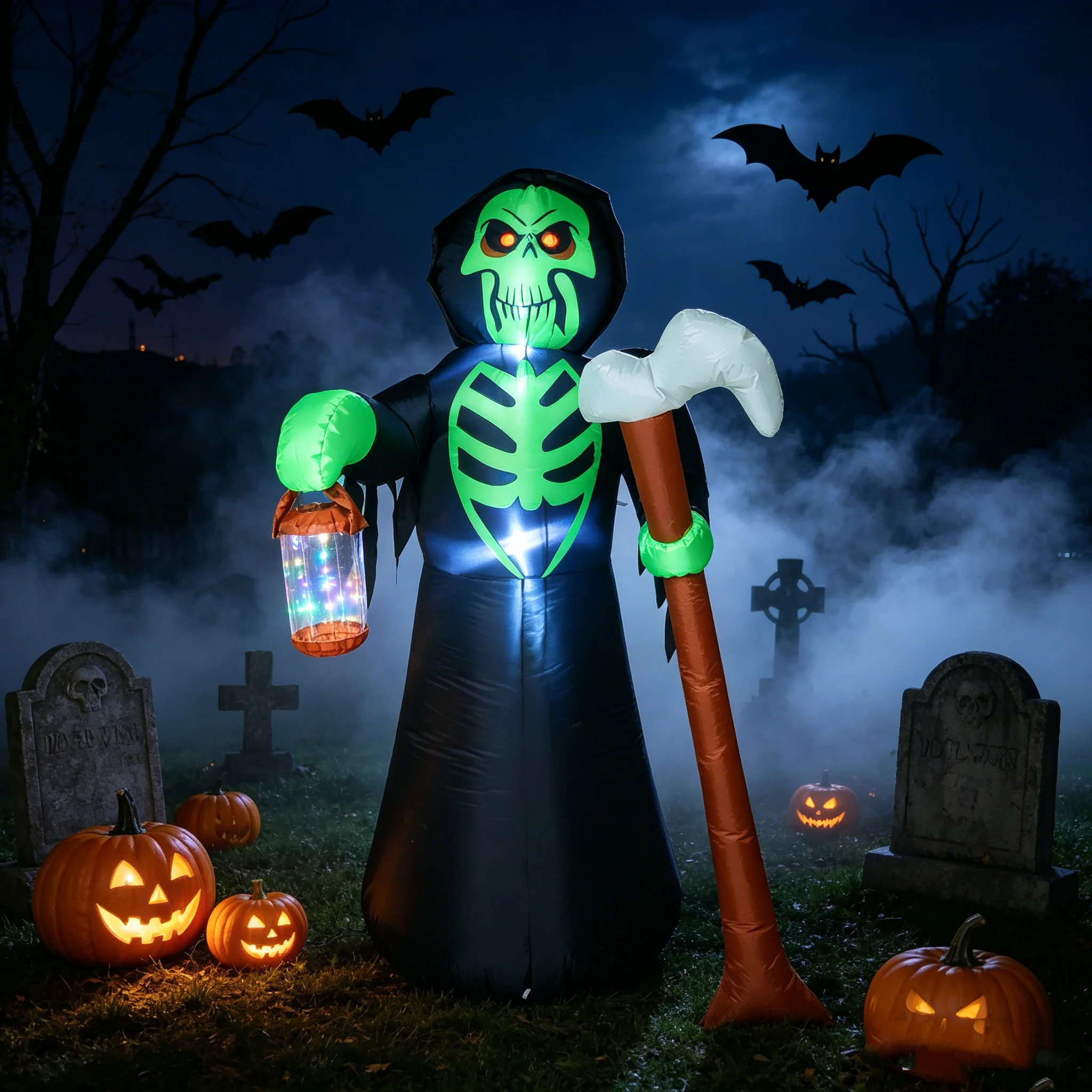 Halloween Inflatable Grim Reaper with LED Lights, Scythe & Lantern, Outdoor Yard Decoration, Pumpkin Ghost Tombstone Party Decor, Holiday Blow Up Ornament