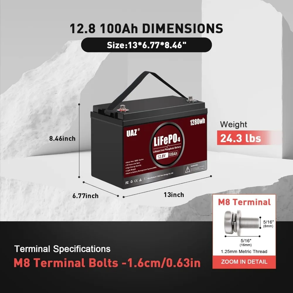 Bateria marinha de ciclo profundo de 12V 100Ah LiFePO4 1280Wh, com BMS de 150A, proteção de baixa e alta temperatura, à prova d'água, para casa