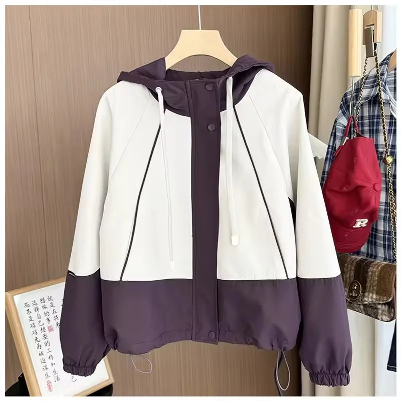 

2025 Spring Autumn New Contrasting Color Hooded Coat Female Korean Leisure Loose Joker Outerwear Short Casual Overcoat Women Top