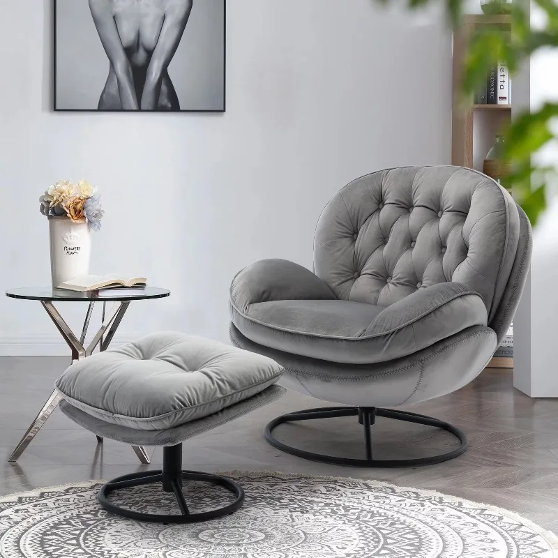 #Two Seat Durable Soft Modern Wing Back Swivel Accent Chair With Ottoman Fabric Metal Legs For Living Room Leisure Furniture