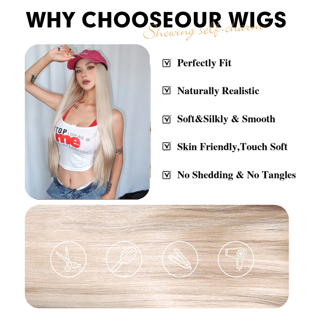 Long Straight Blonde Synthetic Hat Wigs Pink Baseball Cap With Hair Extensions One Piece Women Use Adjustable Connect Hat Wig