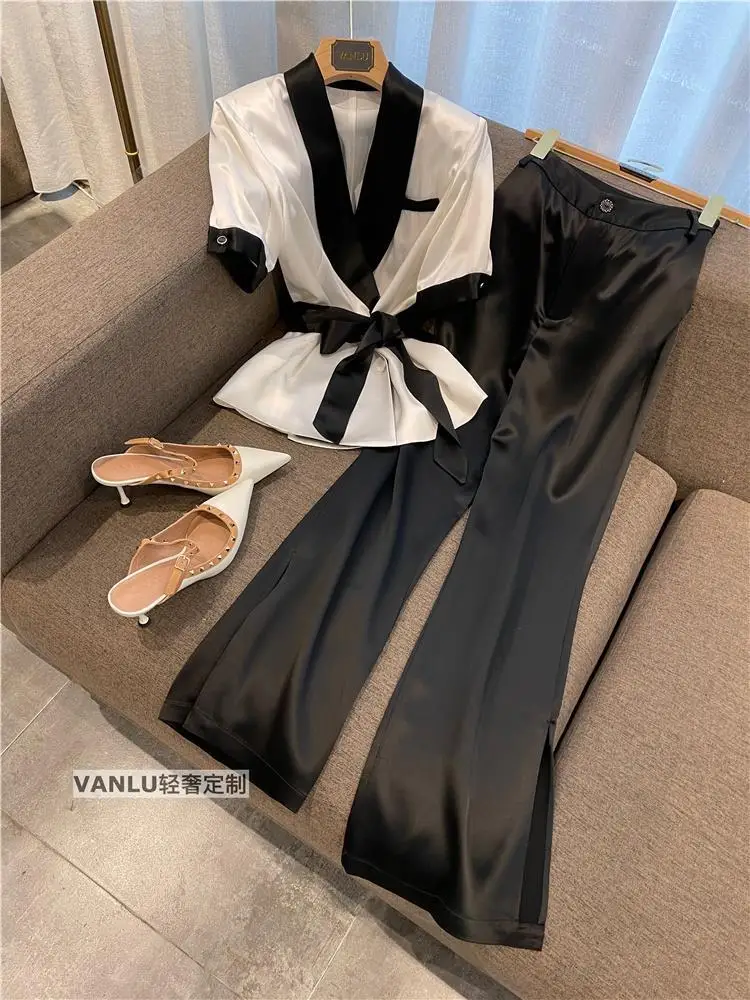 Women Autumn Office Acetate Satin Dress Suit Jacket Coat Top And SundressTwo Piece Set Outfit Solid French Workwear Clothing