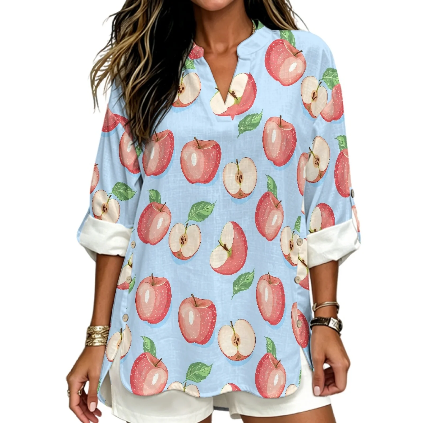 PENSTROLL Red Apple Slice with Side Button Women's Long Sleeve Shirts for Autumn Linen Like V-Neck Blouse Sizes S-5XL