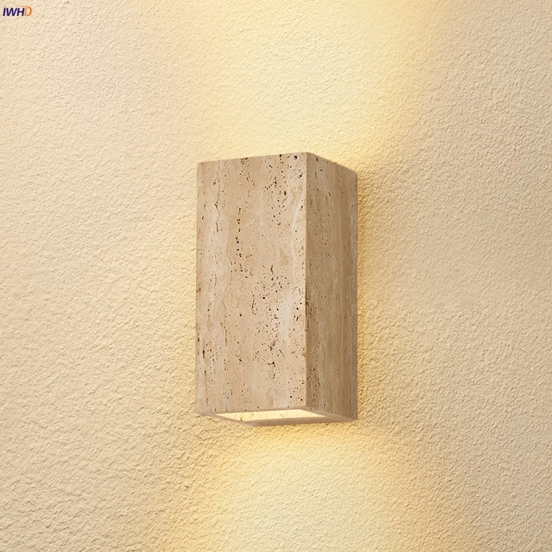 IWHD Nordic Modern LED Wall Light Fixture Bedroom Living Room Home Decor COB Square Yellow Travertine Bedside Lamp Aplique Pared