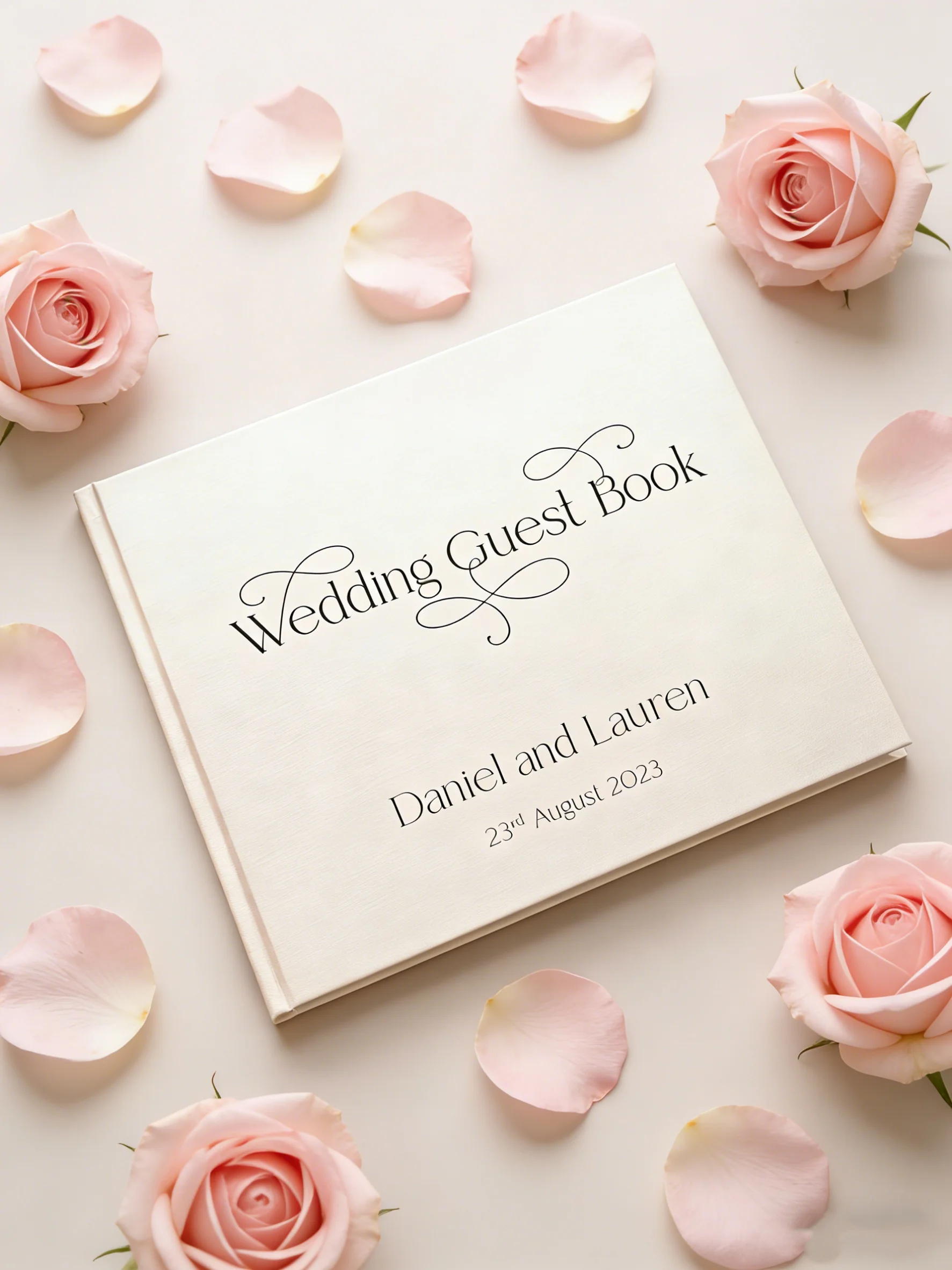 

Качественная свадебная книга для гостей с декоративным текстовым дизайном, твердая обложка, белые страницы, выбор цвета.