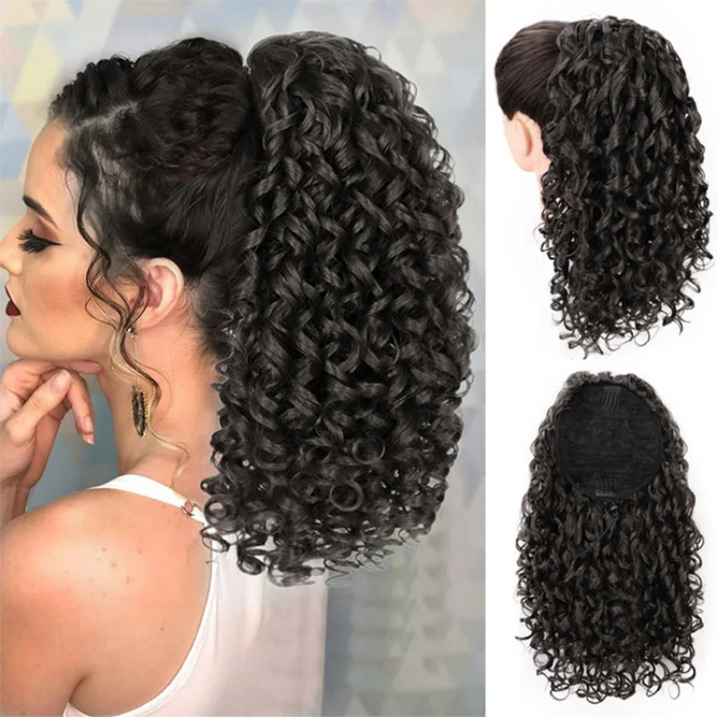 Synthetic fiber wig for women, medium-length, solid color, two-tone, small Roman curls, drawstring ponytail