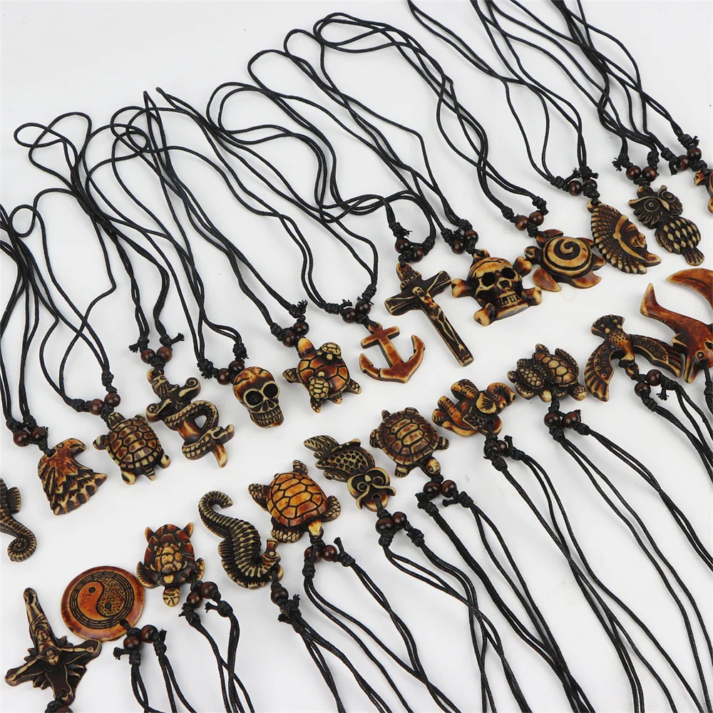 10Pcs/Lot New Vintage Turtle Elephant Owl Skull Adjustable Wooden Necklace Men Women Rope Chain Jewelry Clothes Accessories Gift