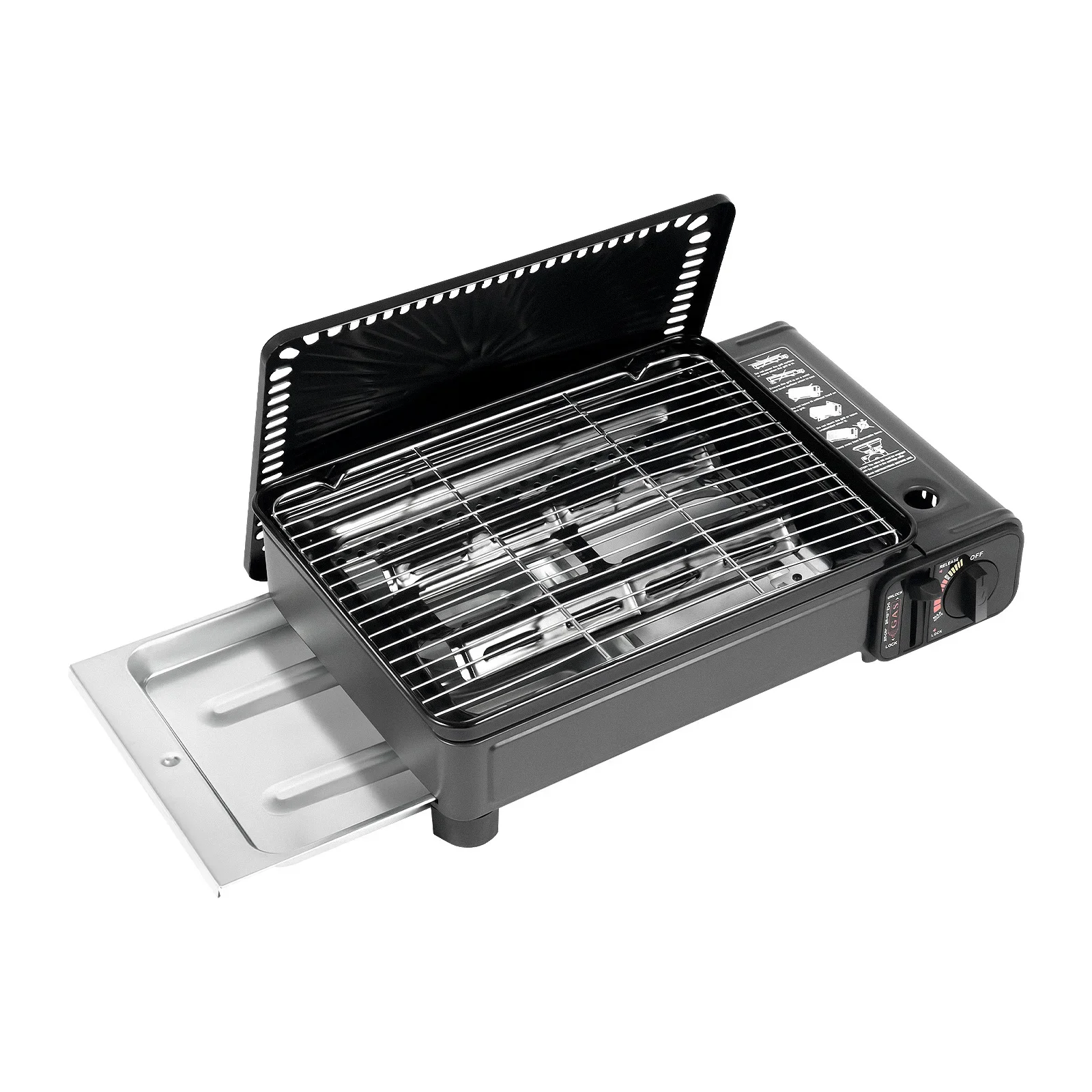 Tragbarer Gasgrill, Dual-Fuel Outdoor-Kocher mit LPG-Tank & Butanbehälter-Adapter, Einstellbare Wärmestufe Campingkocher für Reisen, Trekking, Picknick, Komplettes BBQ-Set mit Ölwanne & Aufbewahrungskoffer – Detail 3