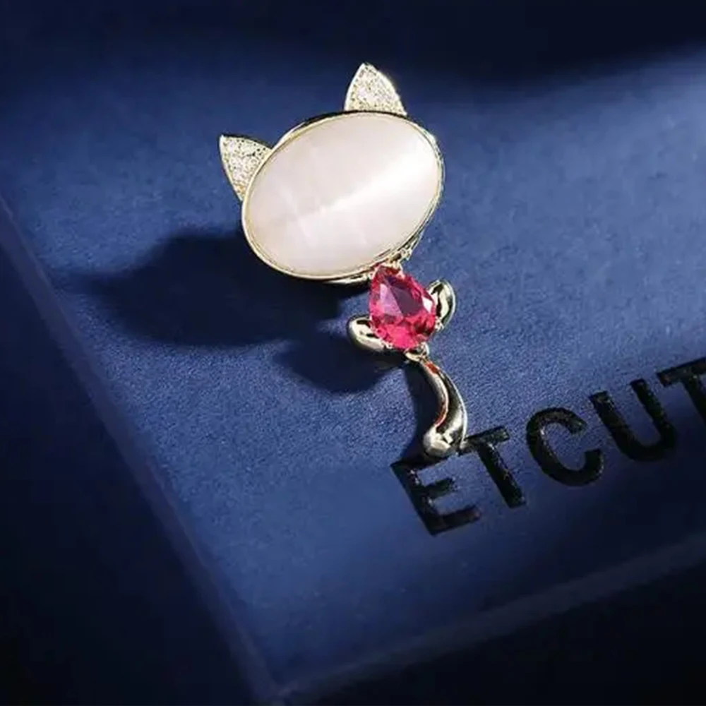 Cute Opal Cat Brooches For Women Girls Green Crystal Animal Brooch Pins Fashion Beautiful Party Daily Jewelry Accessories Gifts