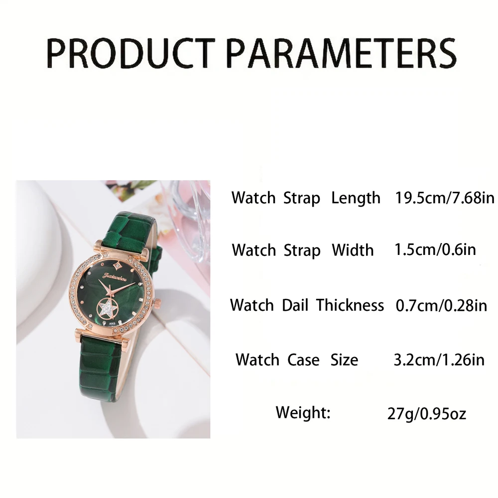 6PCS Set Green Luxury Quartz Watch Women Ring Necklace Earring Rhinestone Fashion Wristwatch Casual Ladies Bracelet Watches 6PCS