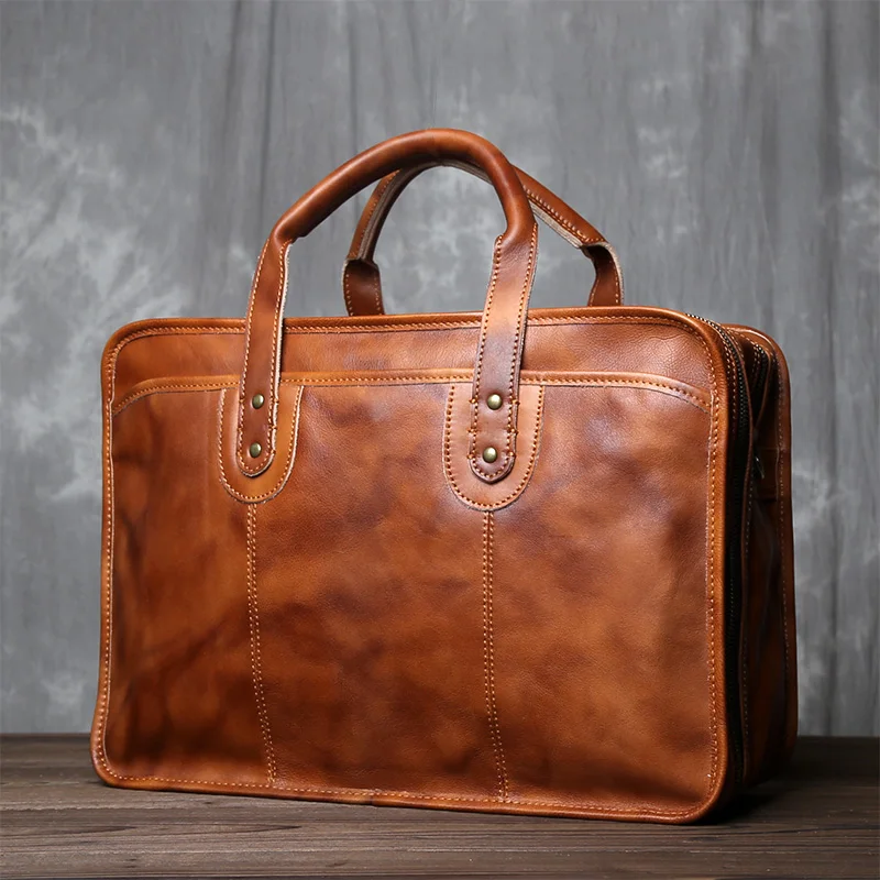 Retro Vegetable Tanned Top Layer Cowhide Briefcase For Men's Leather Simple Double Layer Large Capacity Color Wiping Handbag