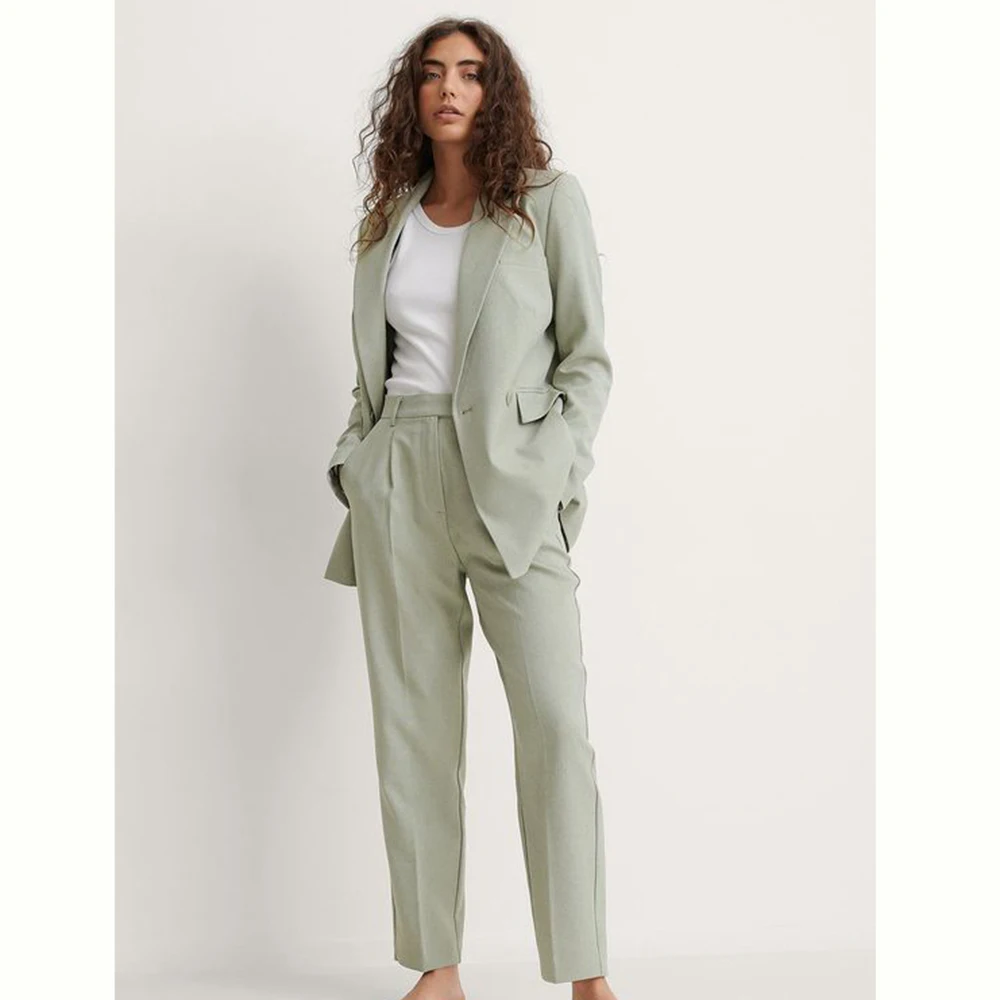 Fashion Chic Light Green Women Suit Single Breasted Two Piece Jacket Pants Female Clothing Office Lady Slim Fit Blazer Set