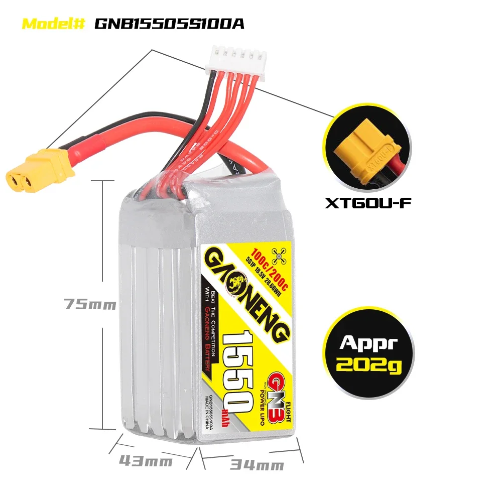 GAONENG GNB 1550mAh 5S 100C 200C 18.5V XT60 LiPo Battery Racing Pilot FPV Airplane Quads QuadCopter HeliCopter