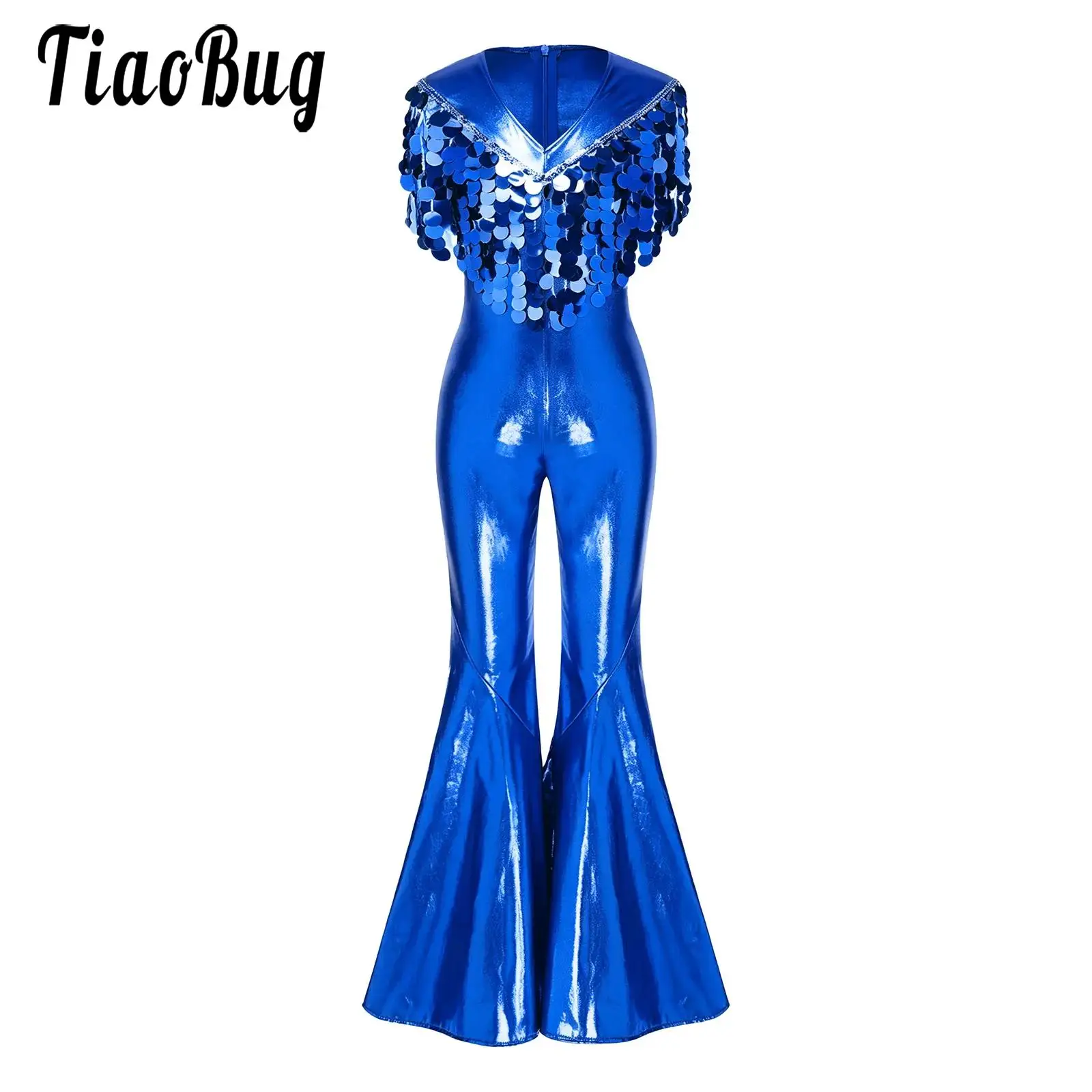 Kids Girls Disco Jazz Dance Metallic Leotard Jumpsuit Sequined Tassel Sleeveless Bell Bottom Flared Rompers for Pageant Party