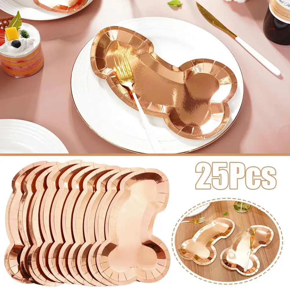 25Pcs Rose Gold Penis Paper Plates Bachelorette Party Supplies Funny Tableware Disposable Hen Wedding Party N7V3