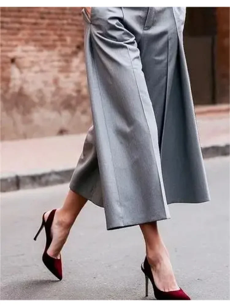 Mode 2025 nouveau femmes neuvième pantalon décontracté poches amples couleur unie élégant pantalon à jambes larges pour dames bureau