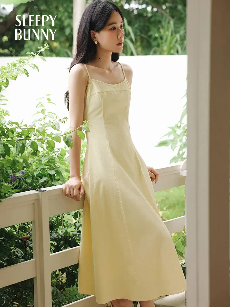 

French Yellow Spaghetti Strap Maxi Dress Women Summer Slim Fit Elegant Long A-Line Sleeveless Flowy Sundress Vacation Outfit