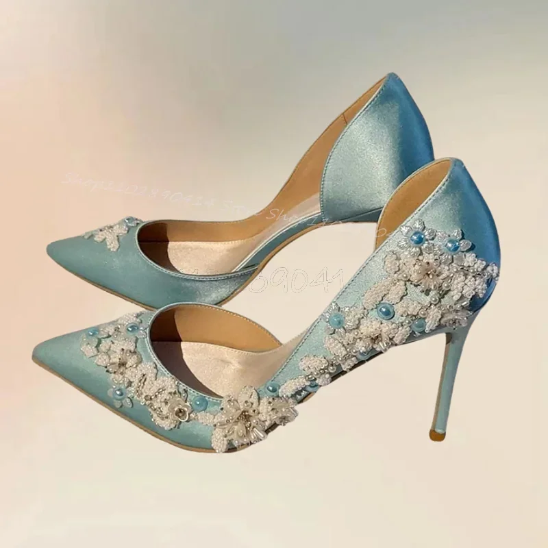

Sky Blue Pearl Flower Decor Pointed Toe Pumps Slip On Women Shoes Thin High Heels Fashion Party Wedding 2025 Zapatos Para Mujere
