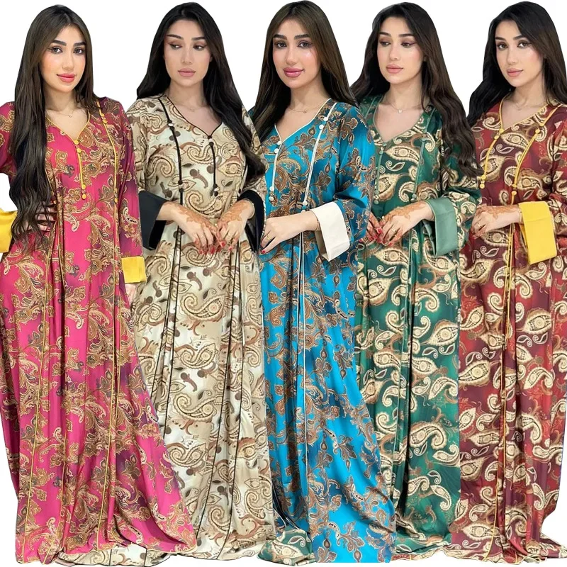 Arab Muslim Women Printing Long Dresses Jalabiya Moroccan Kaftan Long Sleeve Islamic Clothing Turkish African Abayas Ramadan Eid