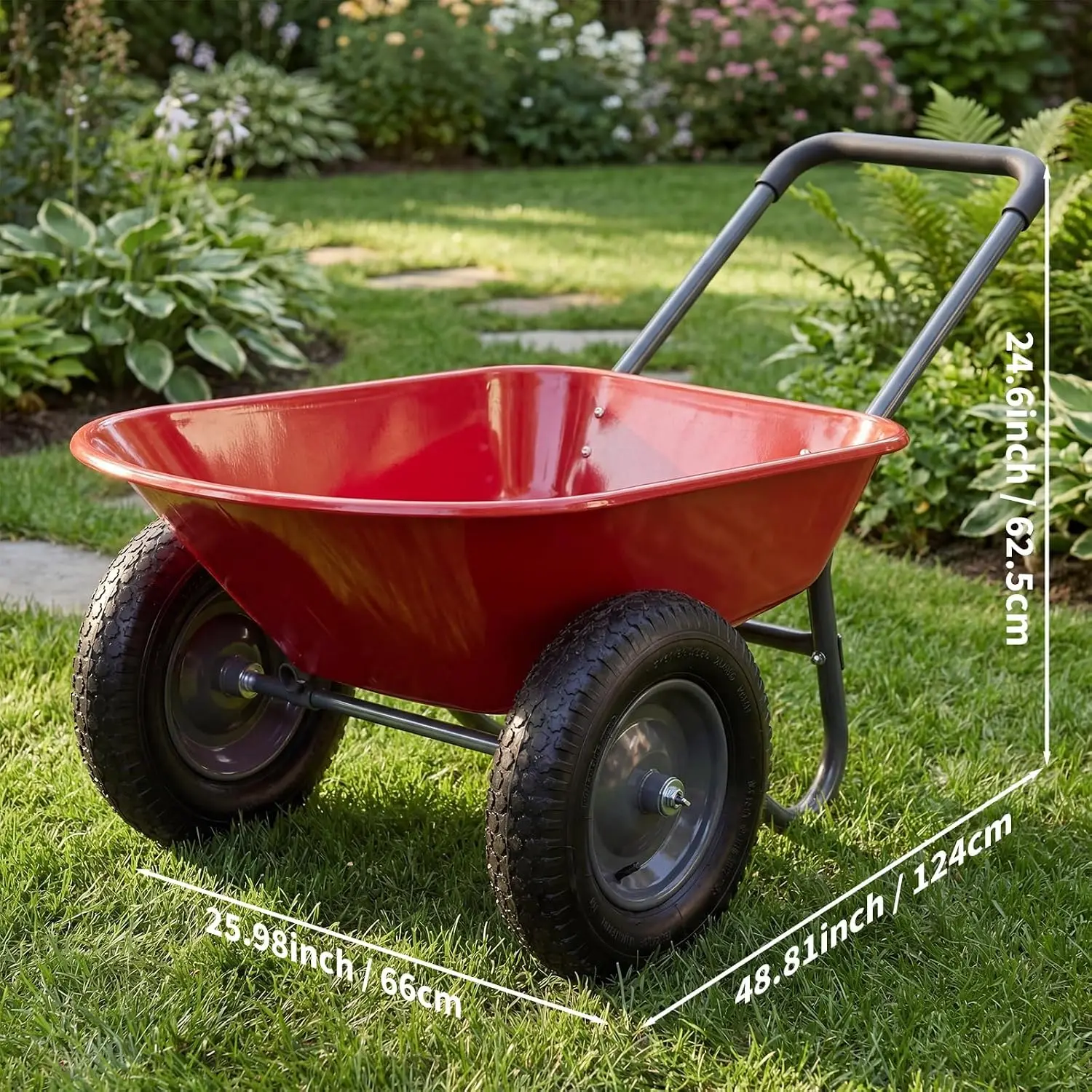 Tacleekii 600 Lbs Garden Wheelbarrow with All Terrain 2 Wheel Wagon Cart Steel Frame | Utility Heavy Duty Outdoor Garden Cart 2-Wheel Easy Unloading for Unloading for Garden Lawn Yard Farm