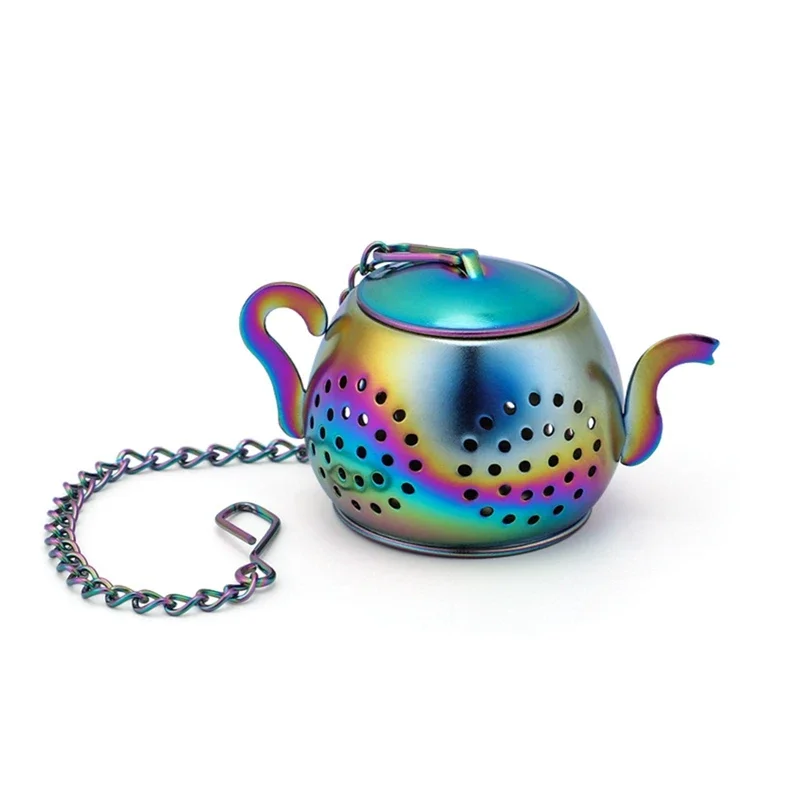 Metal Tea Strainer Teapot Shape Loose Tea Stainless Steel Infuser Leaf Tea Maker Strainer Chain Drip Tray Herbal Spice Filter