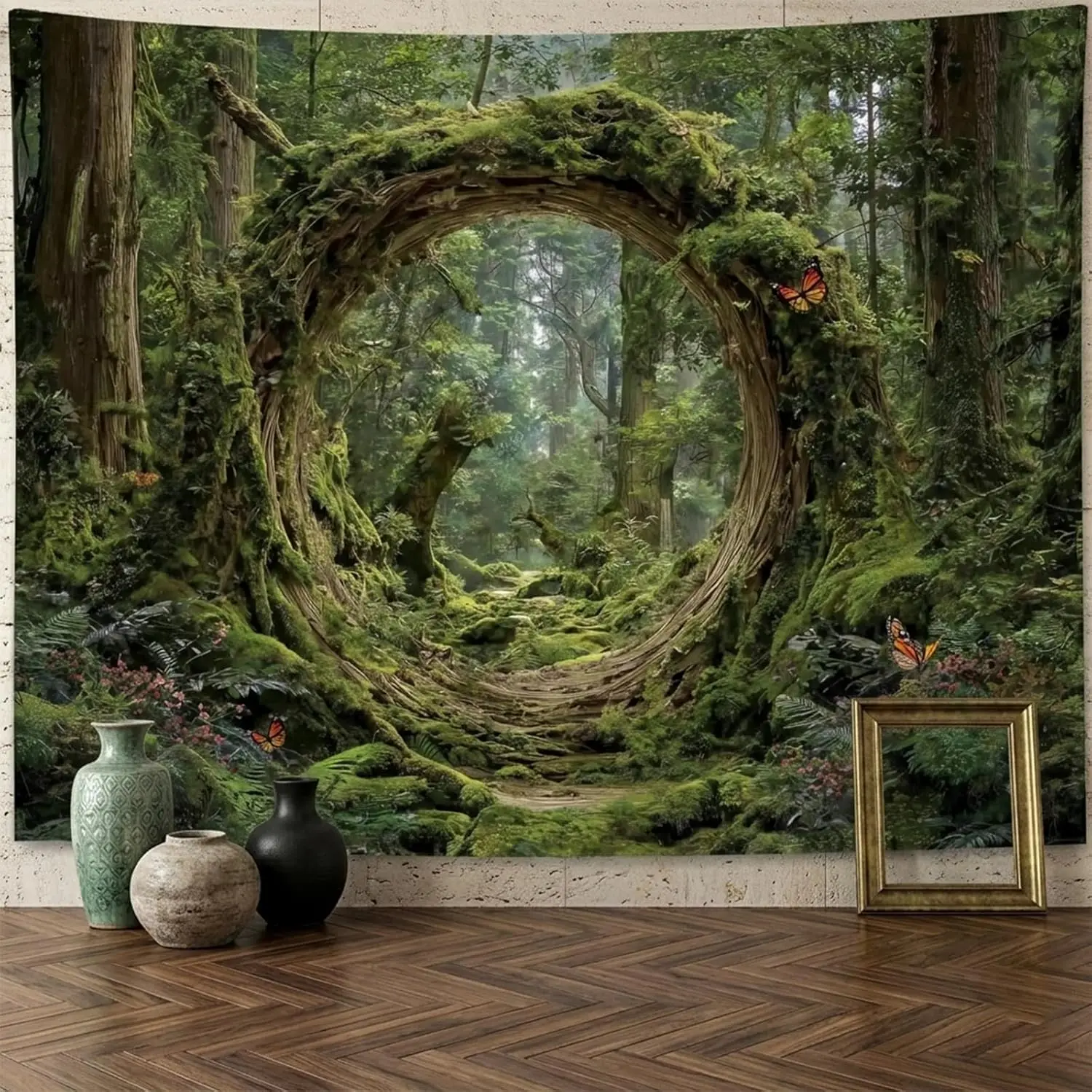 Enchanted Forest Portal Tapestry, Magical Green Mossy Tree Hole Woodland Aesthetic Wall Hanging, Fantasy Nature Art Decor for