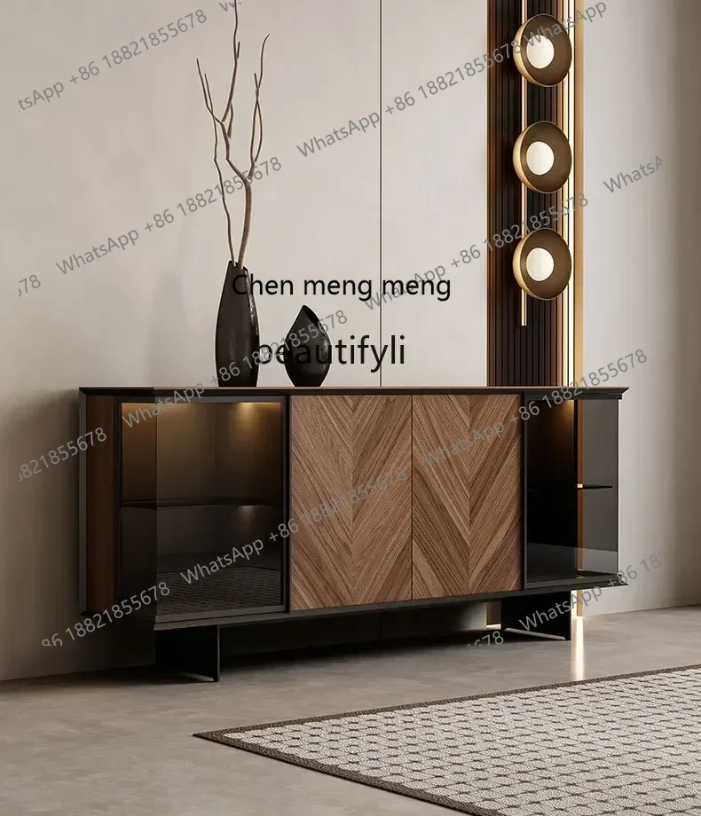 

182Q Italian solid wood entrance walnut dining side wine cabinet living room glass storage display cabinet