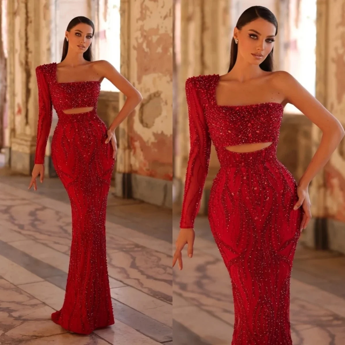 

Modern Evening Dresses One Shoulder Prom Gowns Sequins Pearls Long Sleeves Princess Sweep Train Customized Vestidos De Noche