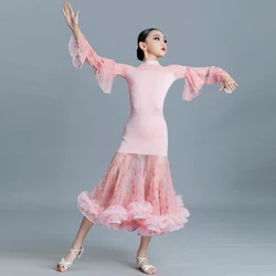 Pink Ballroom Dance Dress For Girls Tango Dancing Competition Costume Bodysuit Mesh Stitching Skirt Suit Waltz Dancewear VDB6167