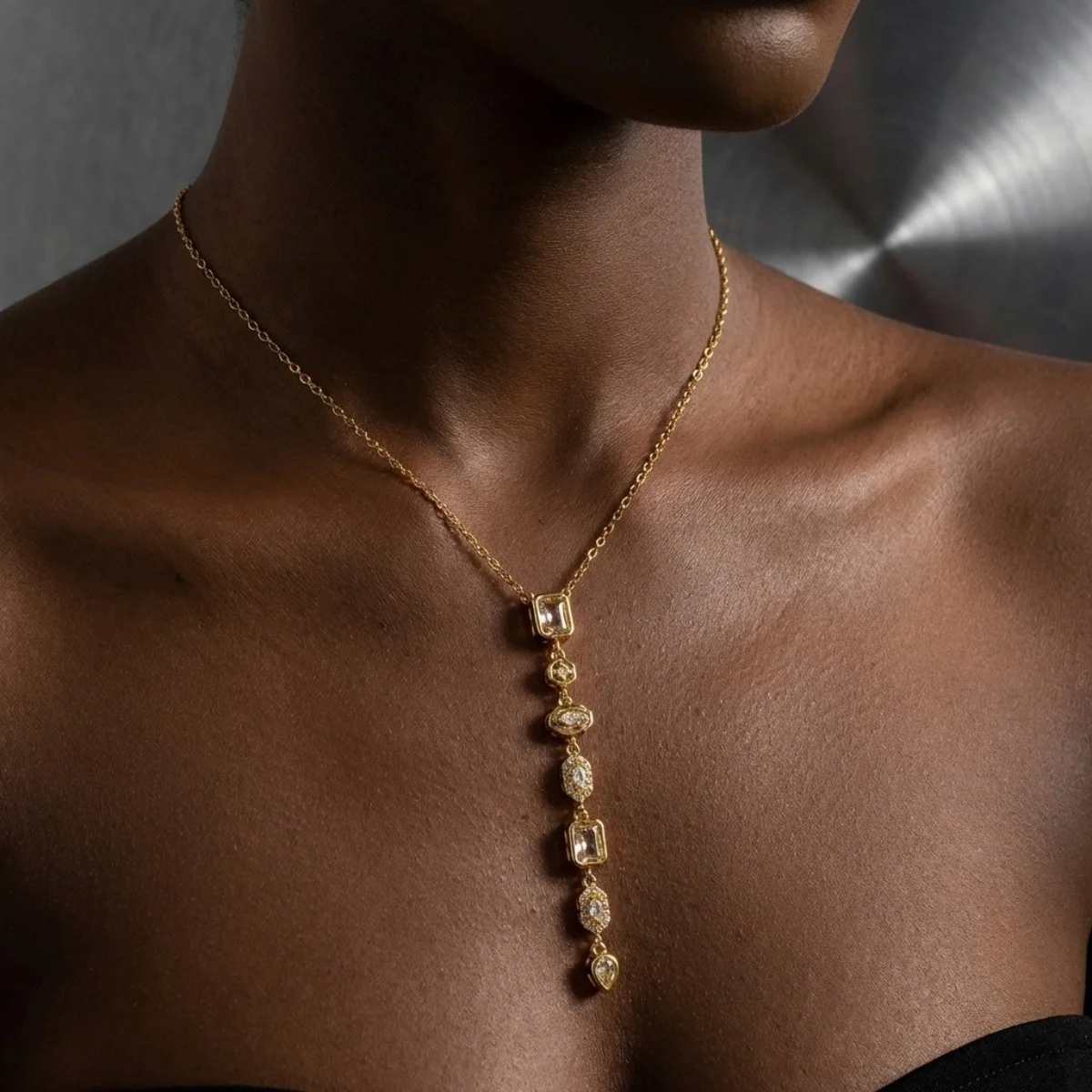 Glänzende Zirkon-Halskette mit geometrischen Verbindungsstücken und Quasten aus Edelstahl für Damen und Herren, Herz, Auge, Wassertropfen, Sonne, Mond, Stern, Choker-Schmuck – Detail 20
