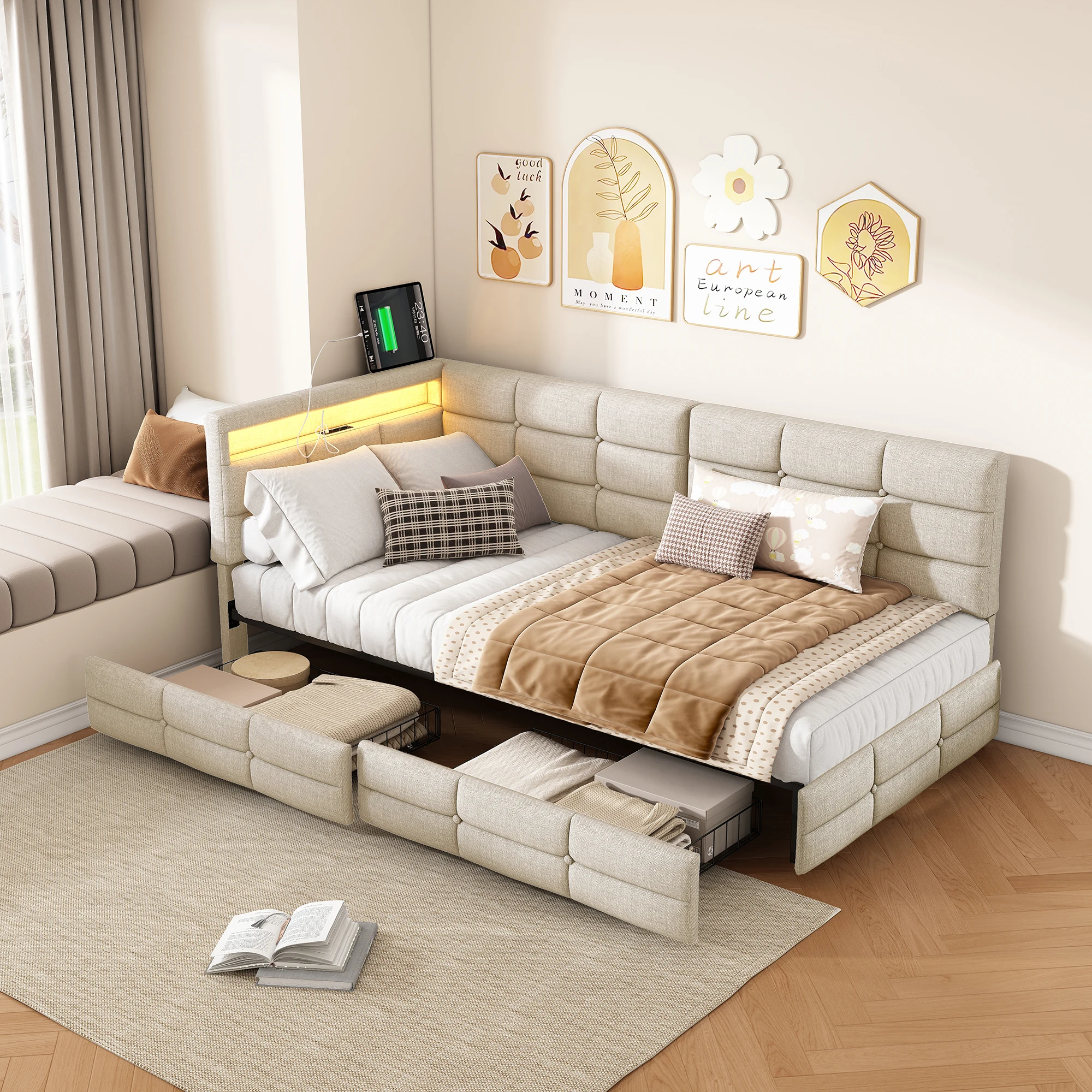 Fangange gestoffeerde slaapbank 90x200cm met 2 laden, eenpersoonsbed, jeugdbed met LED en USB-oplaadstation, zonder matras