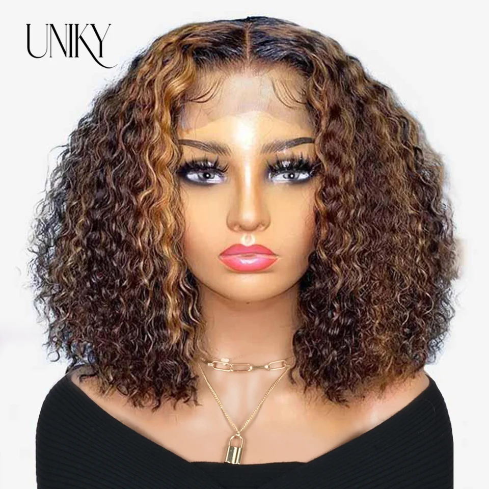 

Short Bob Pixie Cut Curly 4X4 Lace Front Human Hair Closure Wigs For Black Women Water Wave Honey Blonde Highlight Ombre Color