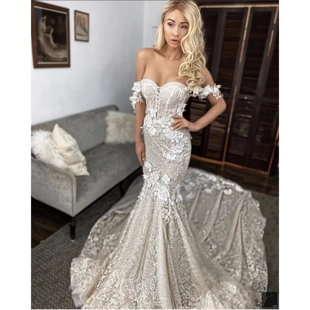 

sexy berta off shoulder mermaid wedding dresses lace 3d applique sweep train backless custom made bridal gowns