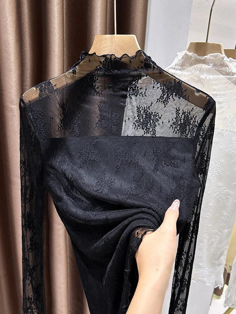 

Женская теплая базовая футболка Pure Desire с высоким воротником и цветочным кружевом, осенне-зимняя, из нейлоновой ткани