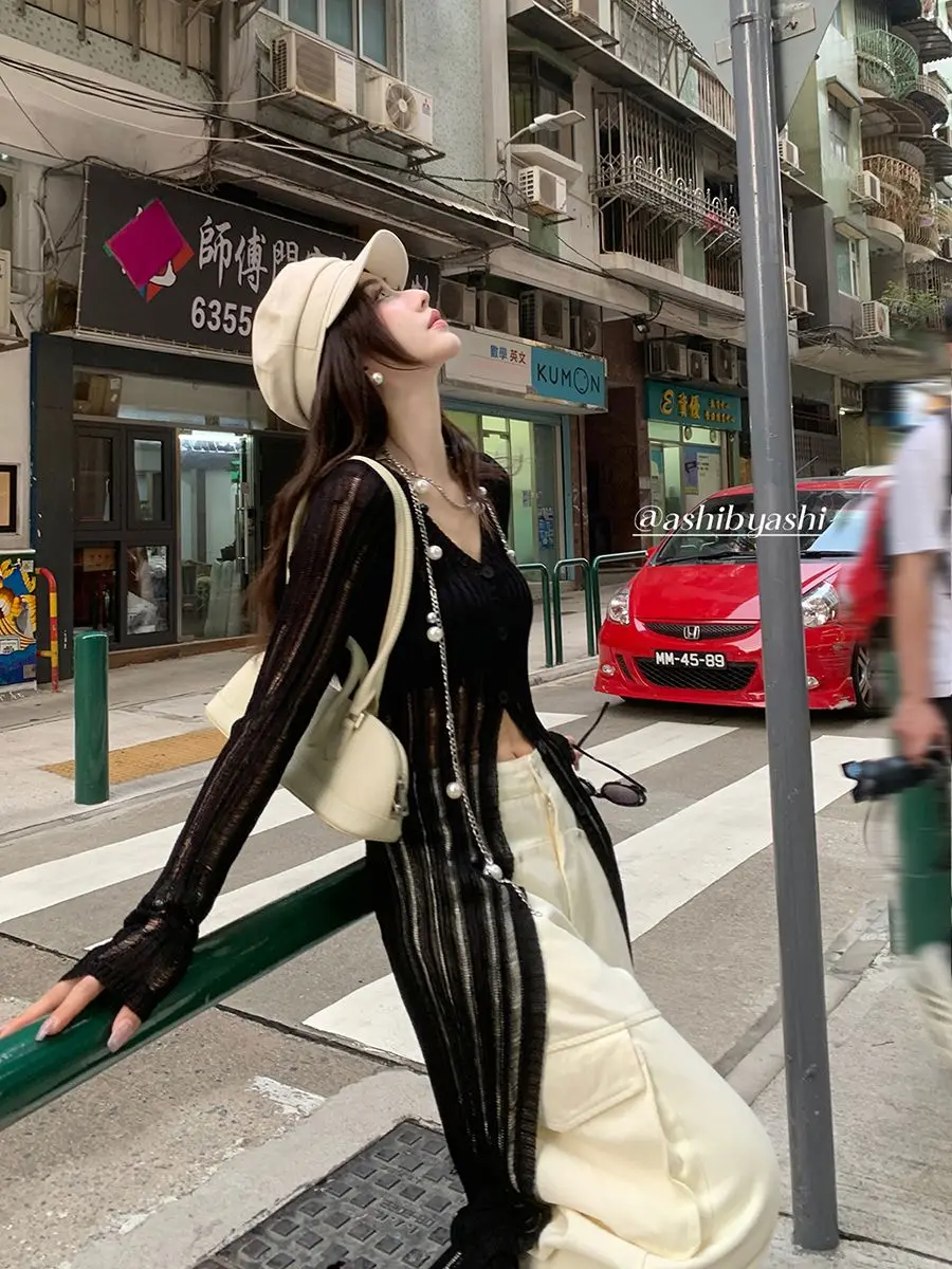 V-neck Knitted Cardigan Women's Summer Long Slim Hollow Thin Blouse