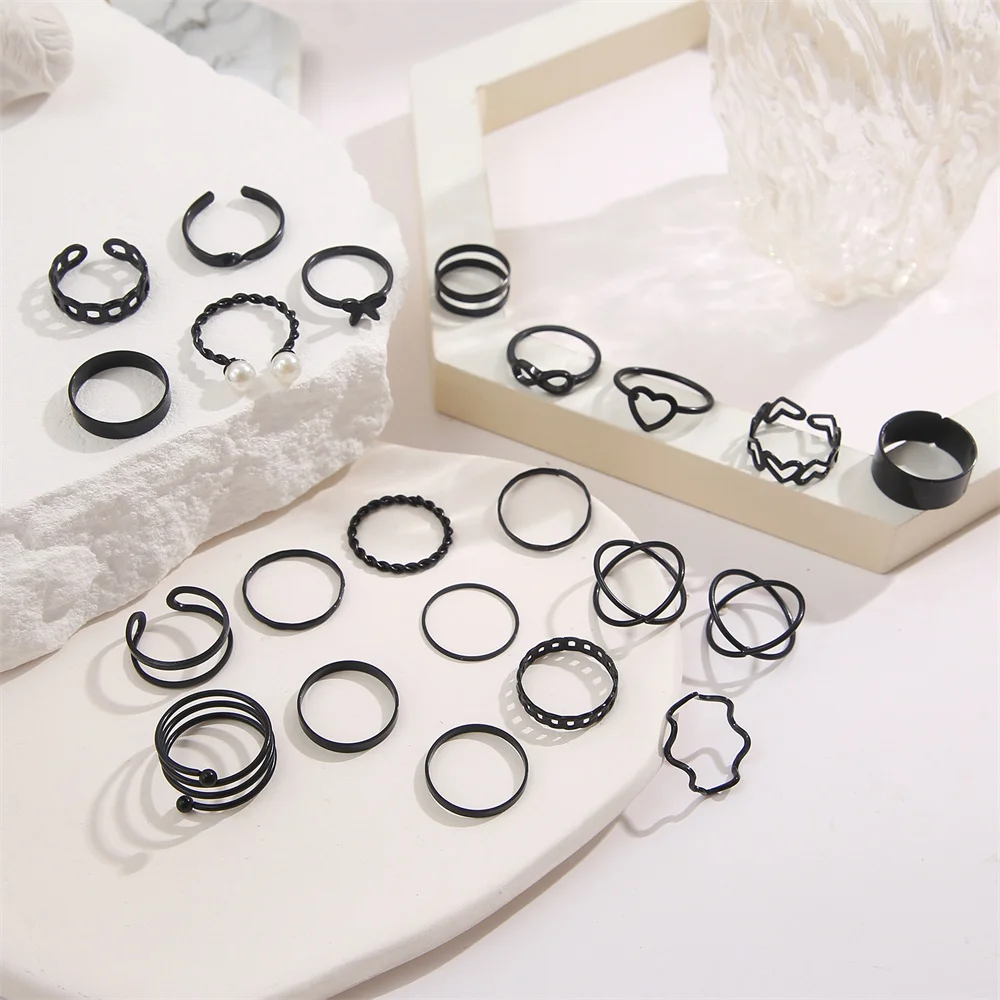 22PCS/Set Goth Black Color Hollow Out Finger Rings for Women Girls Geometric Goth Love Heart Spiral Knuckle Ring Set Jewelry