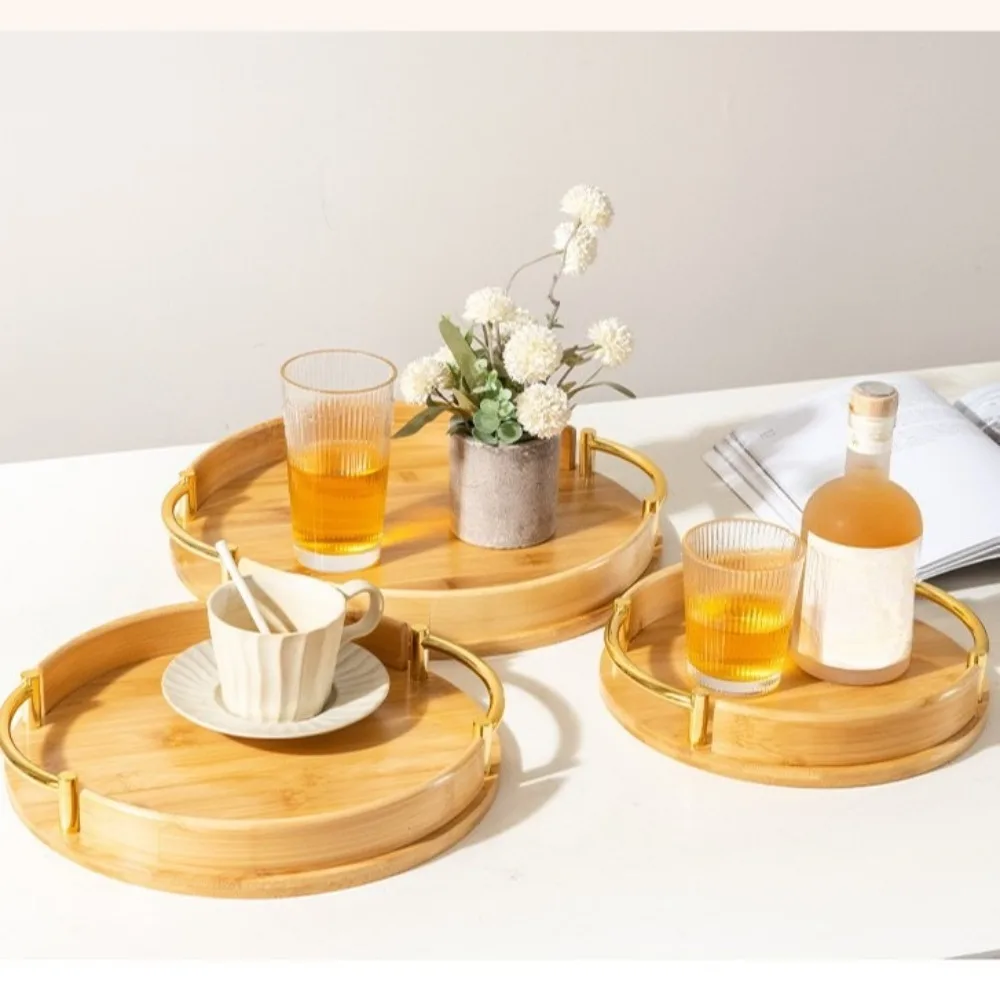 

Light Luxury and Simple Home Kitchen Round Bamboo Tray Home Restaurant Tea Set Small Tray Portable Fruit Snack Tray