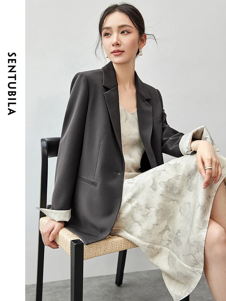 SENTUBILA setelan Blazer dan Dress wanita, pakaian Blazer dan gaun elegan 2 potong, setelan gaun Slip-ON musim gugur 2024, Set 143Z56359