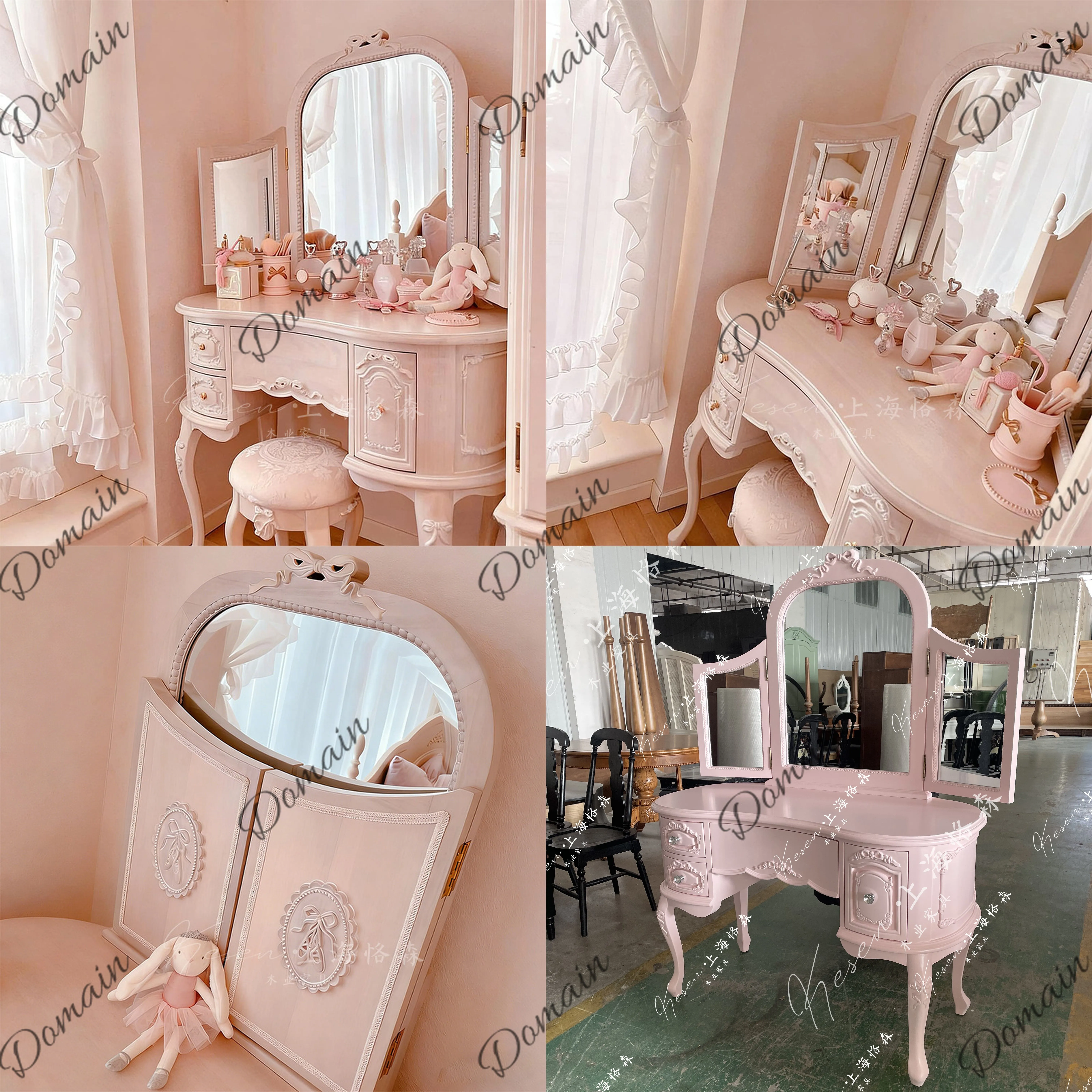 Pink Vanity Table with Mirror for Girls Modern French Style Makeup Desk with Drawers Bedroom Princess Dressing Table