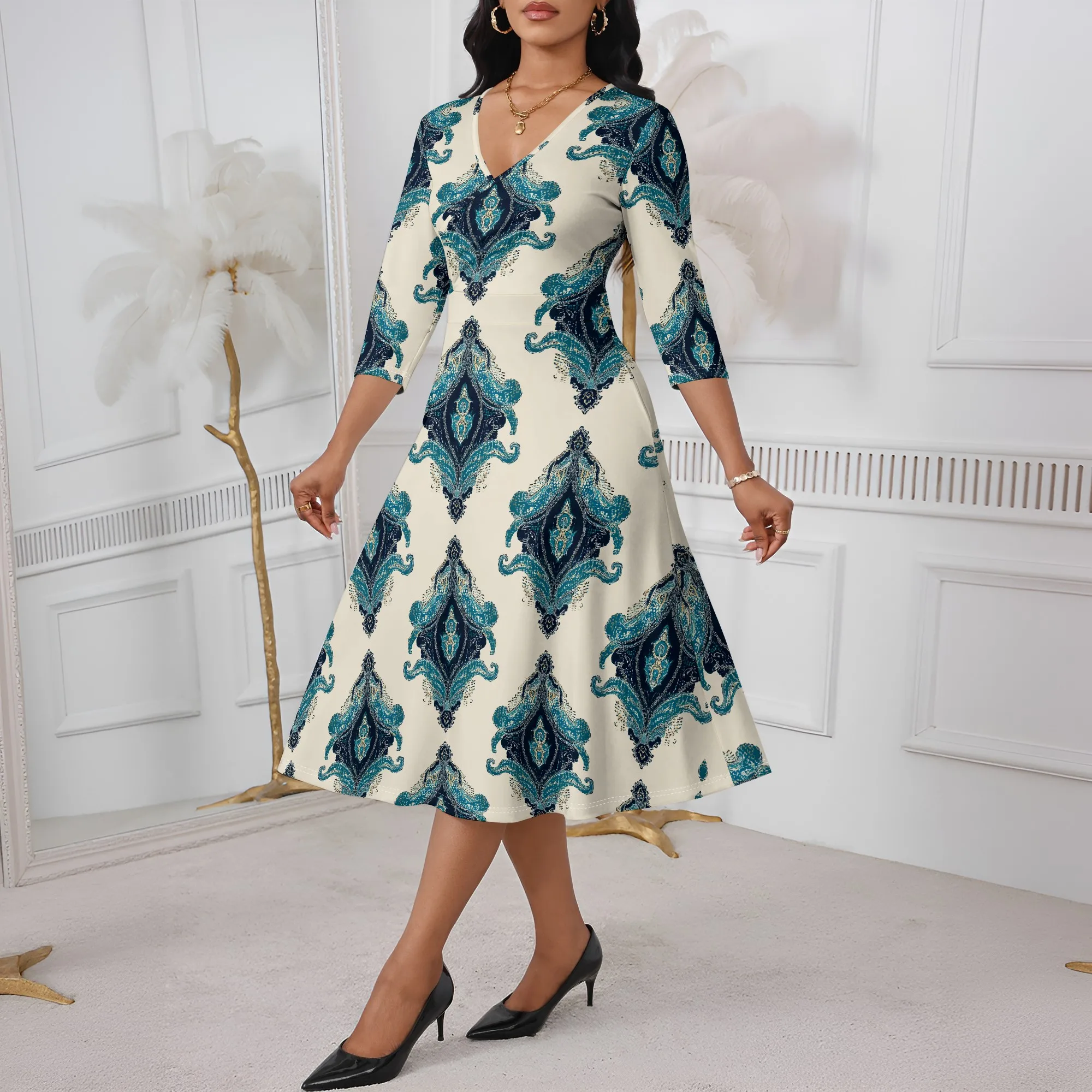 

Elegant Paisley Print Dress XS-3XL White A-Line Style with V-Neck for Church Look, Spring Brunch or Cultural Fashion Event