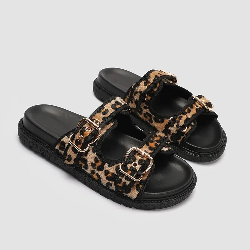 Luxury Designer Leopard Women’s Flat Sandals Summer Comfortable Buckles Flats Slippers Cheap Woman Beach Sandals Big Size 43