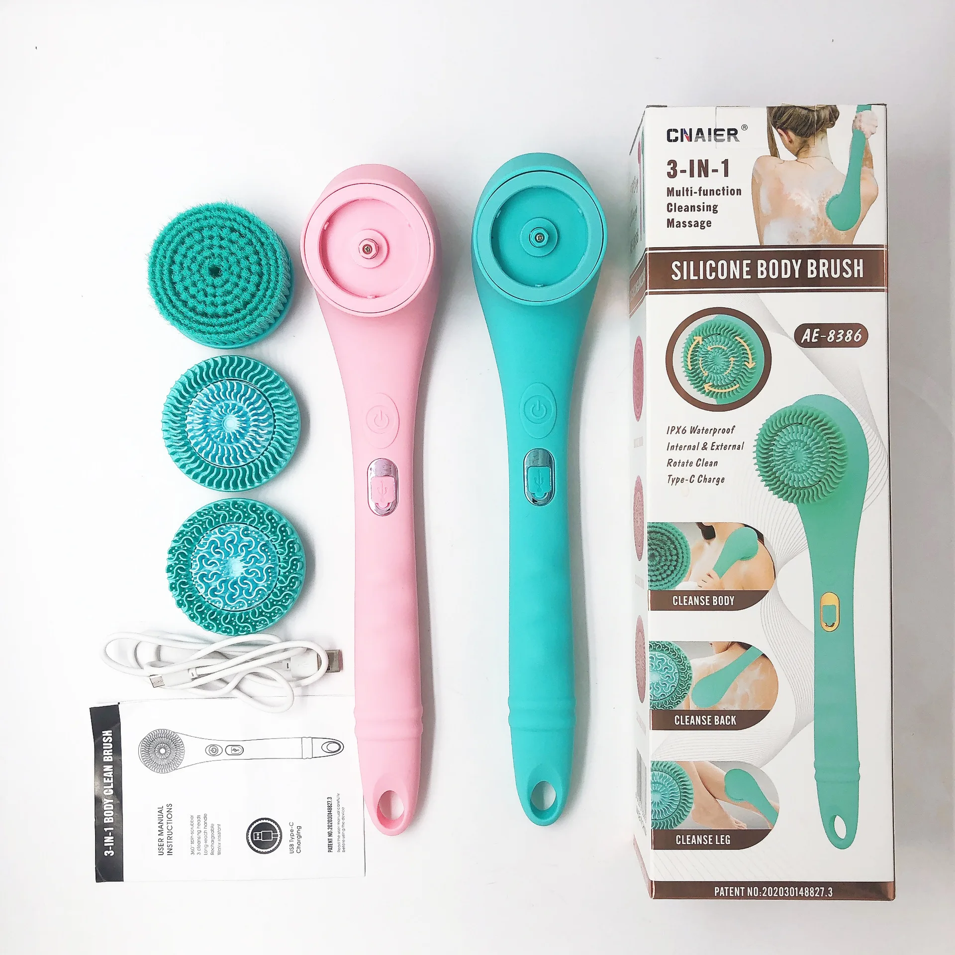 Electric Rechargeable Long Handle Silicone Shower Brush Rotating Body Cleaning Brush For Bathroom Body Massage Bath Tool