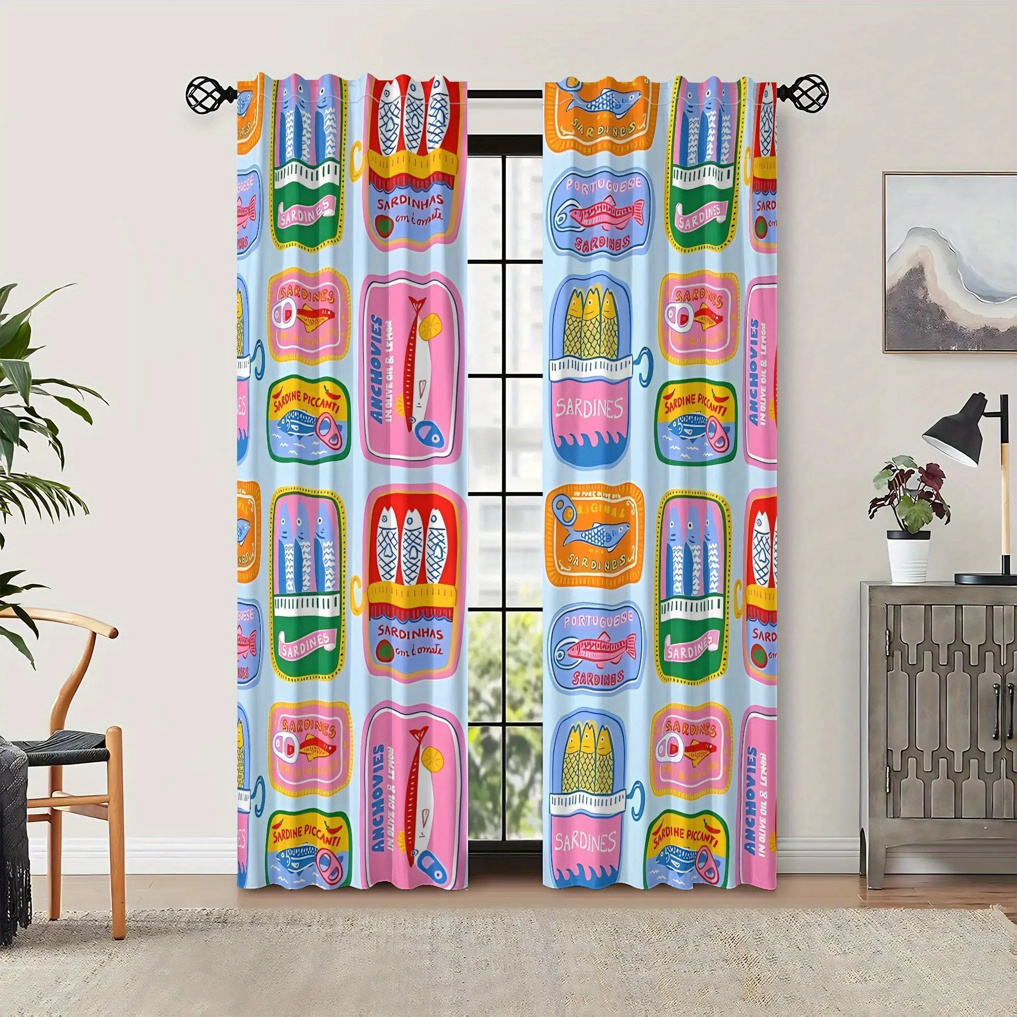 Colorful Sardine Can Curtain Panels, Retro Canned Fish Cartoon Labels Print Drapes for Fun‑Style Kitchen Living Room Home Decor
