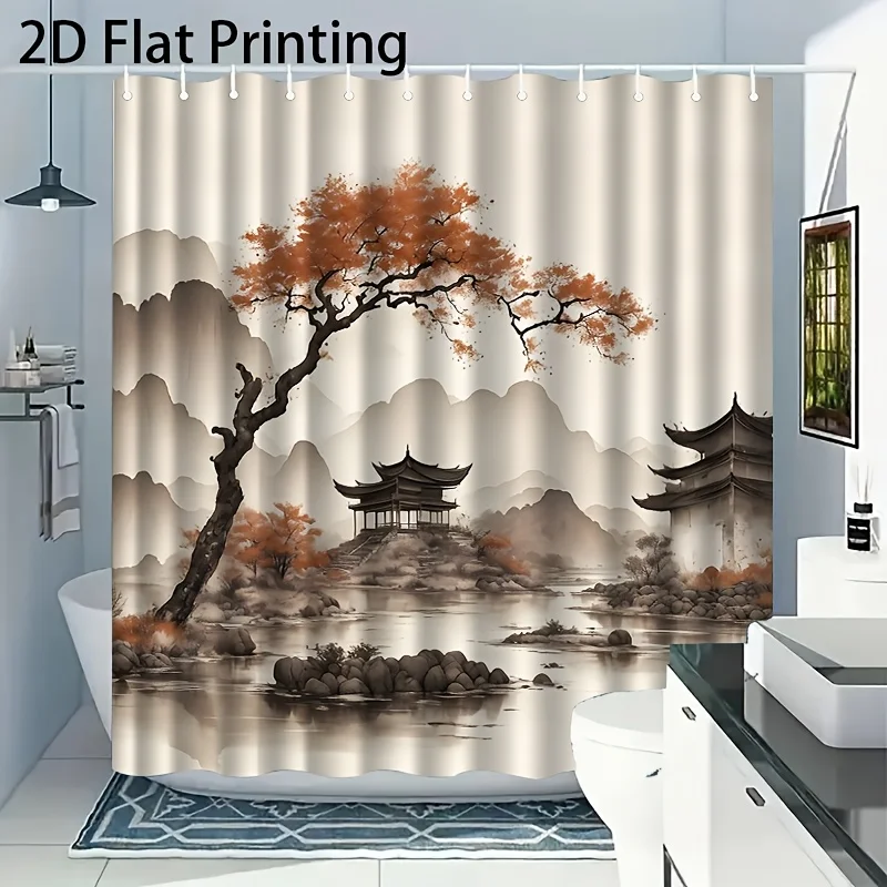 Luxury Asian Landscape Shower Curtain Waterproof Pagoda Mural Design Oriental Chinese Style Bath Bathroom Decor Curtain 180x200c - view 6