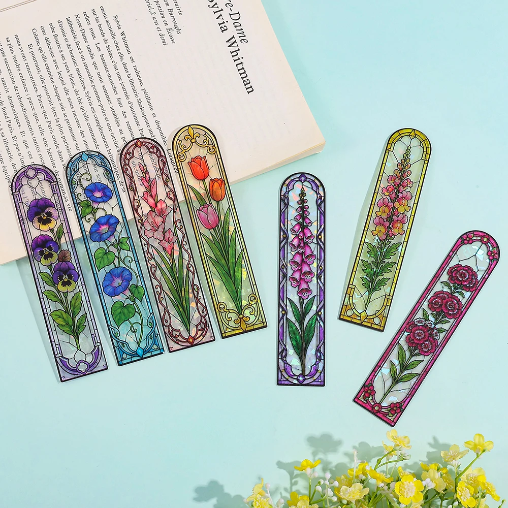 European Style Color Window Glass Flower Laser Acrylic Bookmark Artistic Light Luxury Transparent Dazzling Reading Mark.